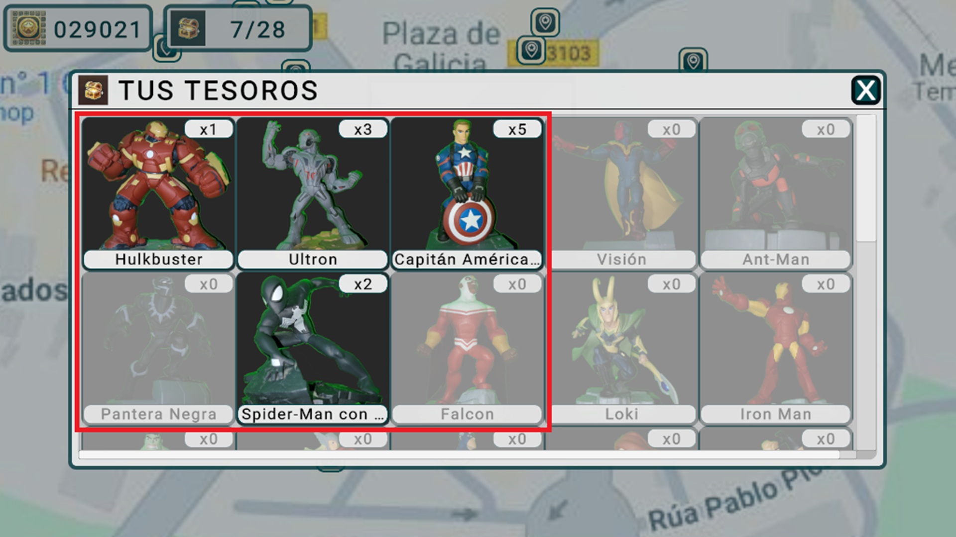 Vista de colección de tesoros en la app